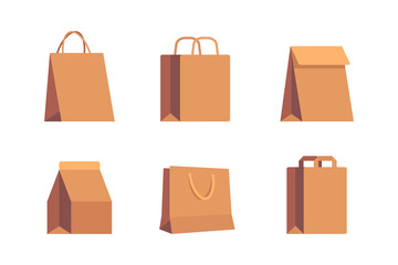 Set of empty kraft brown blank cardboard paper bags for in-store purchases, packaging for food and beverage with labels isolated on white background