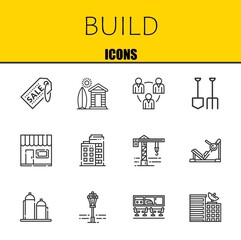 build vector line icons set. supermarket, cabin and teamwork Icons. Thin line design. Modern outline graphic elements, simple stroke symbols stock illustration
