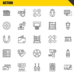 action vector line icons set. roller coaster, credit card and magnet Icons. Thin line design. Modern outline graphic elements, simple stroke symbols stock illustration