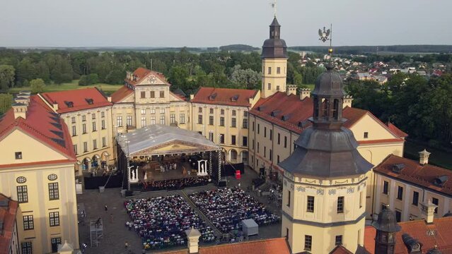Open air medieval castle used for major theater festivals. Preparation for an opera concert in the entourage of the Middle Ages. Heritage concepts.