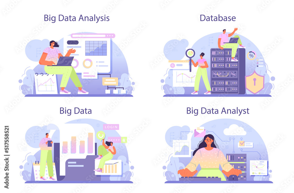 Poster big data analytics concept set. big data based development of business strategy