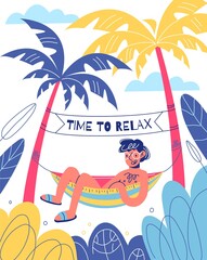 Cartoon hammock poster. Funny resting guy, tropical island, outdoor relaxing, sunny vacation, hanging couch with man, time to relax text, bright travel postcard, swanky vector concept