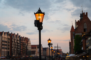 Fototapeta na wymiar Scenic summer evening panorama of the architectural Old Town of GDANSK, POLAND