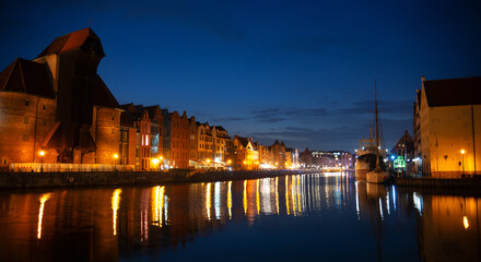 Picturesque summer evening panorama of the architectural pier of the Old Town GDANSK, POLAND