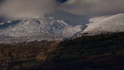 Snow-capped peaks of the Scottish mountains with a mosaic of moors.