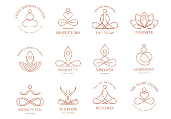 Collection of Yoga, Zen and Meditation logos, linear icons and elements. Bohemian style minimalist illustrations in pastel colors