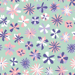 Abstract flower heads seamless repeat pattern. Random placed, vector blooming all over surface print on sage green background.