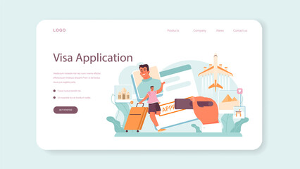 Traveling abroad web banner or landing page. Visa application - obrazy, fototapety, plakaty