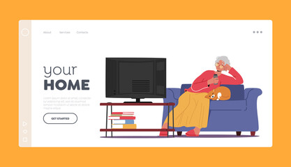 Elderly Lady Home Sparetime Landing Page Template. Senior Woman Watching Tv Set, Aged Character Sitting on Sofa with Cat