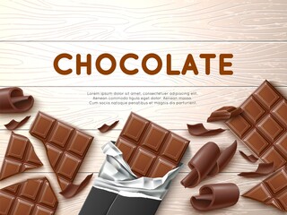 Realistic chocolate frame. 3d sweet cocoa bars, delicious shavings and broken pieces, wooden background, dessert food advertising, isolated objects, confectionery poster, utter vector concept