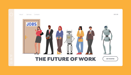 Future of Work Landing Page Template. Robots and Human Waiting in Lobby Stand in Line Waiting Job Interview, Hiring