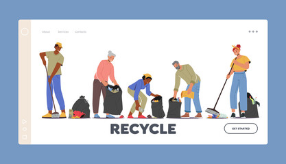 Fototapeta premium Recycle Landing Page Template. Volunteer Characters Cleaning Garbage. People Working, Volunteering, Collecting Trash