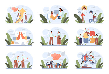 Cooperation teamwork concept set. Collaboration and teamwork.