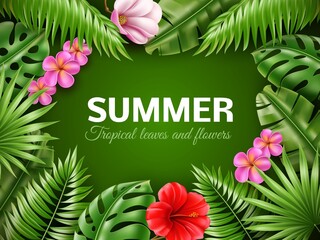 Tropical leaves frame. Realistic jungle plants, exotic hawaii border with palms foliage and flowers, summer background with isolated green banana and monstera, utter vector poster