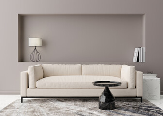Empty grey wall in modern living room. Mock up interior in contemporary style. Free, copy space for your picture, text, or another design. Sofa, carpet, table. 3D rendering.
