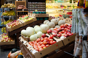 Fruit market with various colorful fresh fruits and vegetables