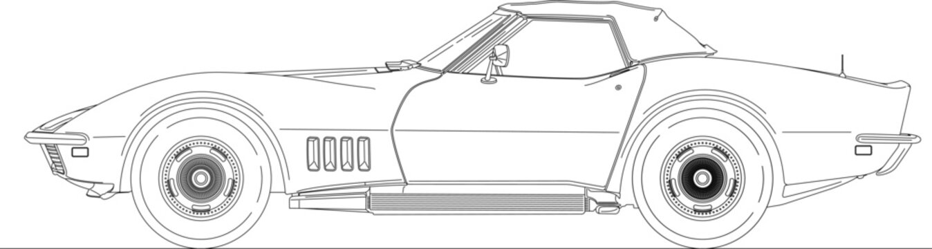 USA, year 2022, draw of the Corvette Singray C3 silhouette outlined, us vintage car, year 1969, illustration