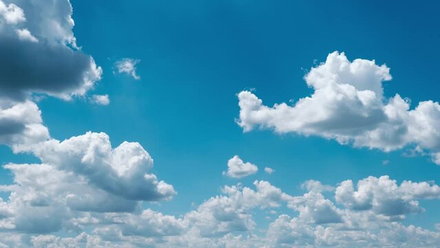 Timelapse of cumulus clouds moving in the blue sky. Light clouds change their shape in cloud space. Awesome sky. Puffy fluffy white clouds, time-lapse. Copy space. Change of weather. Nature background