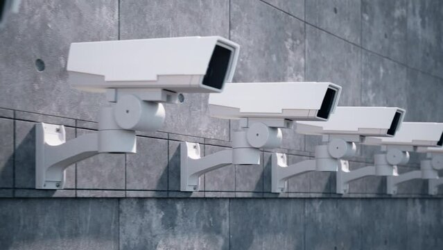 Security cameras on the concrete wall scan the area.
Seamless loopable 3D animation. 4k, Ultra HD 3840x2160 