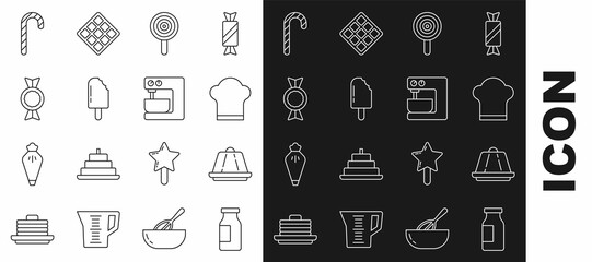 Set line Bottle with milk, Pudding custard, Chef hat, Lollipop, Ice cream, Candy, Christmas candy cane and Electric mixer icon. Vector