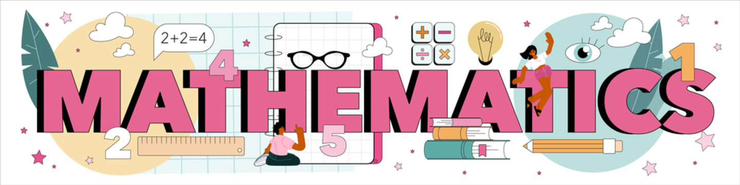 Mathematics typographic header. Students studying arithmetics, algebra