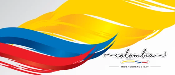Fototapeten Colombia Independence day, handwritten lettering calligraphy, abstract flag of Colombia white background banner © simbos