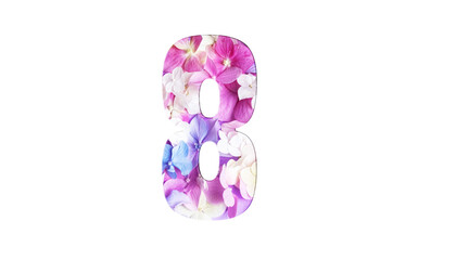 Beautiful postcard for International Women's Day. Numeral 8 from hydrangea flowers on a white background isolated.