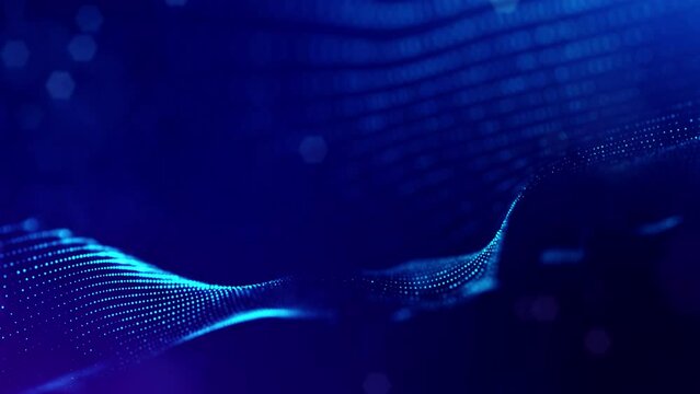 3d looped bg data flow concept, sci-fi background digital space. Blue high tech field with glow particles form lines and surface waves. Hi-tech information flow, blockchain, bigdata visualization. DOF
