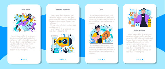 Diver mobile application banner set. Scuba divers swimming