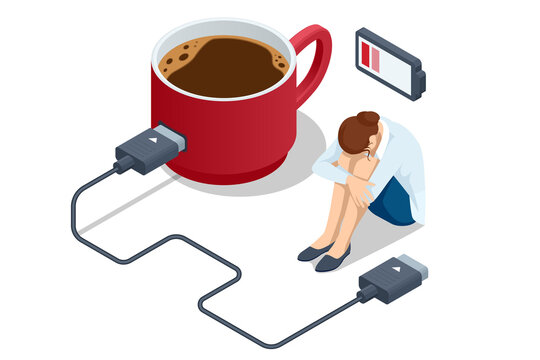 Isometric Coffee Time, Energy From Coffee. Caffeine Addicted Person Charging Battery.