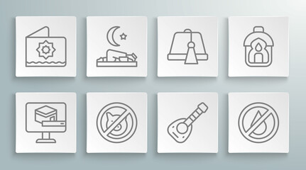 Set line Kaaba mosque, Muslim man prays, No pig, Lute, water, Turkish hat, Ramadan Kareem lantern and Octagonal star icon. Vector