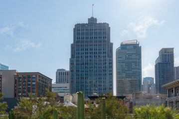 Obraz premium Details architectural tradicional buildings Downtown San Francisco, CA, EUA, skyscrapers rises in the South of Market district.