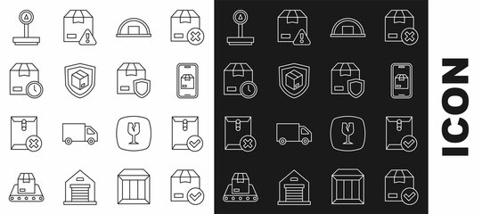 Set line ackage box with check mark, Envelope and, Mobile app delivery tracking, Warehouse, Delivery security shield, Cardboard clock, Scale and icon. Vector