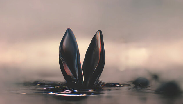 Black water rabbit. Symbol of 2023. Ears of a black water rabbit from the water, stains on the water, light reflection. 3D illustration.
