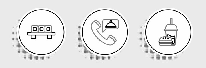 Set line Paper glass with drinking straw and burger, Sushi on cutting board and Food ordering icon. Vector