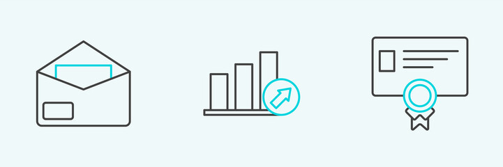 Set line Certificate template, Envelope and Presentation financial with graph, schedule, chart, diagram, infographic, pie graph icon. Vector