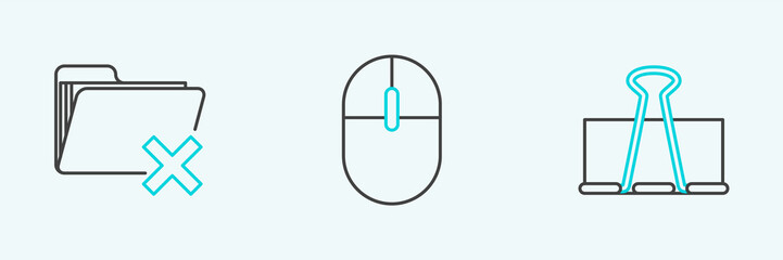 Set line Binder clip, Delete folder and Computer mouse icon. Vector