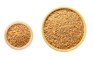 organic wheat in a wooden bowl isolated on white background top view.