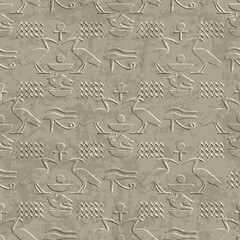 Textured old style 3d egyptian seamless pattern. Emboss rough grunge egyptian papyrus backdround. Relief dirty repeat vector backdrop. Egyptian eyes, symbols, signs, hieroglyphs, animals silhouettes