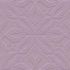 Intricate textured line art floral 3d seamless pattern. Ornamental emboss pink background. Hand drawn relief lines flowers, leaves. Modern beautiful embossed ornaments. Surface endless ornate texture
