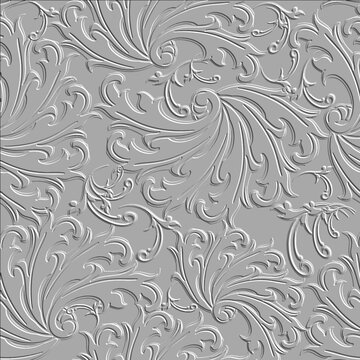 Baroque textured white 3d seamless pattern. Damask floral embossed background. Relief antique baroque ornament in Victorian style. Emboss surface vintage flowers, scroll leaves. Grunge vector texture