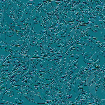 Floral Baroque blue 3d seamless pattern. Vector embossed leaves background. Repeat emboss leafy backdrop. Surface relief 3d flowers leaves ornament. Textured grunge design with embossing effect