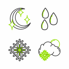 Set line Cloud with snow and sun, Snowflake, Water drop and Moon stars icon. Vector