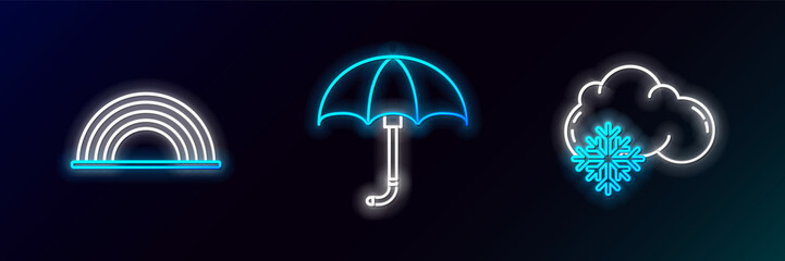 Set line Cloud with snow, Rainbow clouds and Classic elegant opened umbrella icon. Glowing neon. Vector