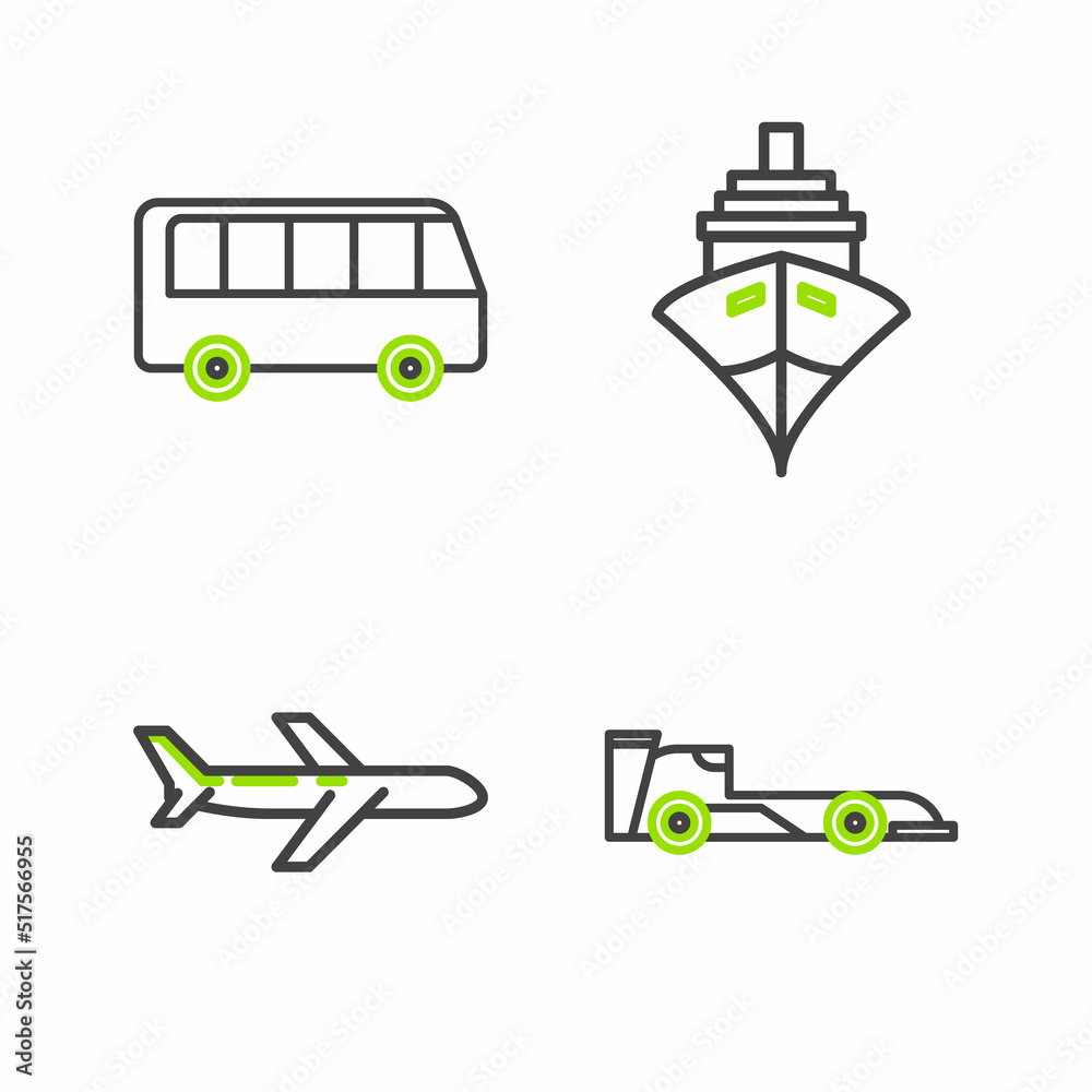 Poster set line formula race car, plane, cargo ship and bus icon. vector