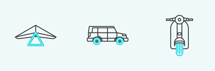 Set line Scooter, Hang glider and Off road car icon. Vector
