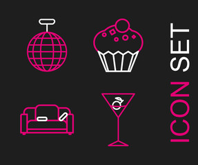 Set line Martini glass, Sofa, Muffin and Disco ball icon. Vector