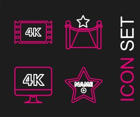 Set line Hollywood walk of fame star on celebrity boulevard, Computer PC monitor with 4k video technology, Carpet barriers and and movie, tape, frame icon. Vector