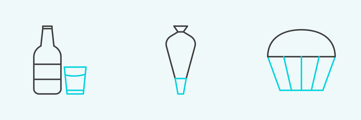 Set line Muffin, Glass bottle with milk and glass and Pastry bag for decorate cakes icon. Vector
