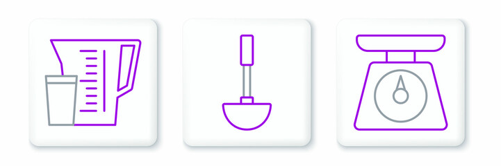 Set line Scales, Measuring cup and Kitchen ladle icon. Vector
